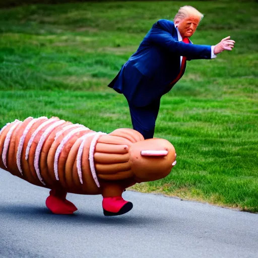 Image similar to Donald Trump being chased by a sentient humanoid sausage, Canon EOS R3, f/1.4, ISO 200, 1/160s, 8K, RAW, unedited, symmetrical balance, in-frame