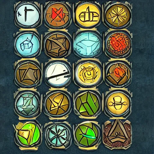 Prompt: Set of 9 2d game icons hand drawn skill and spell effects icons for fantasy rpg games