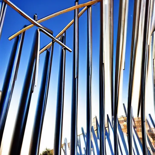 Prompt: abstract public art of curved steel rods spiralling upwards, glinting in sunlight, in a small plaza in madrid, gorgeous travel photography