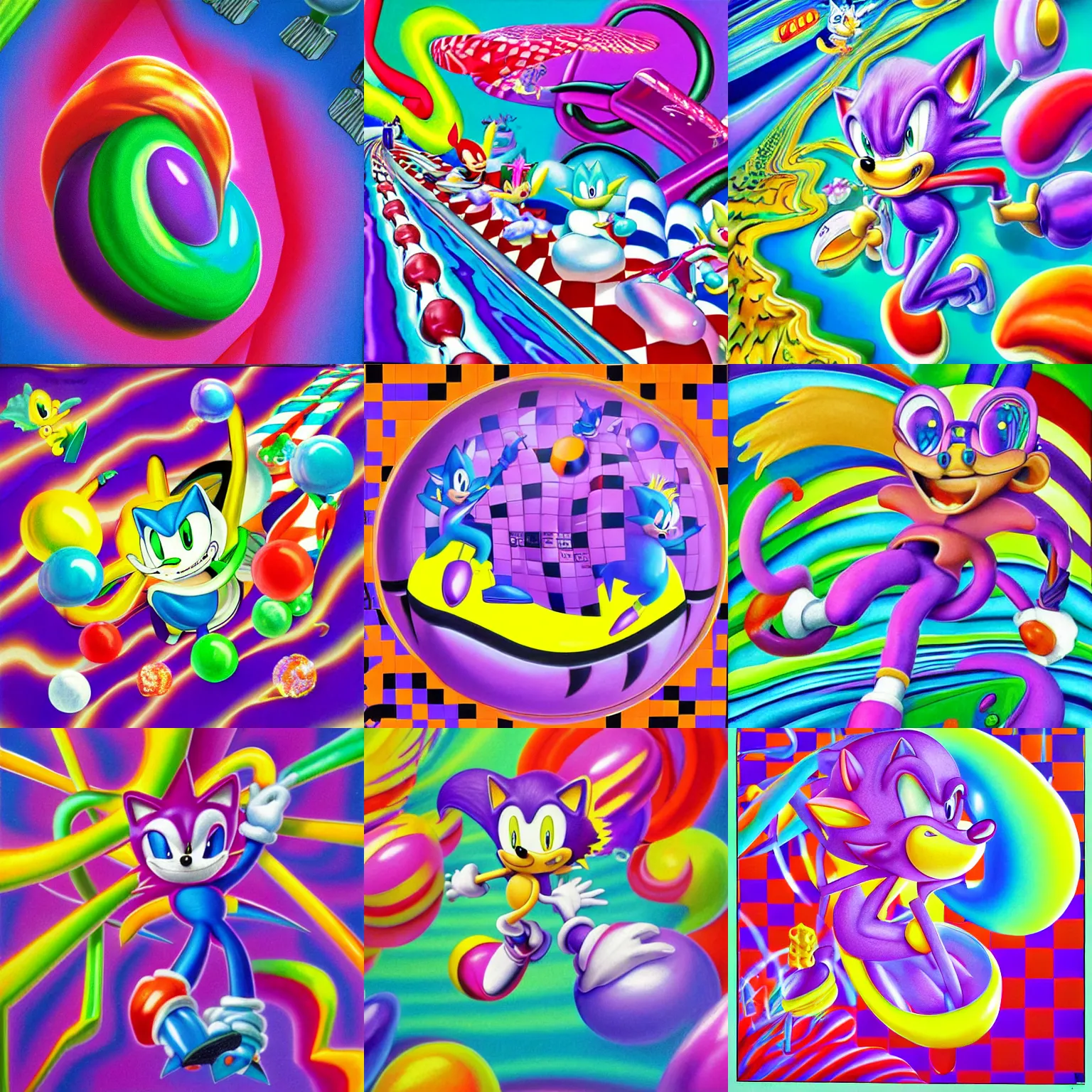 Prompt: surreal, sharp, detailed professional, soft pastels, high quality airbrush art album cover of a liquid bubbles airbrush art lsd taffy dmt sonic the hedgehog dashing through cotton candy, purple checkerboard background, 1 9 9 0 s 1 9 9 2 sega genesis rareware video game album cover
