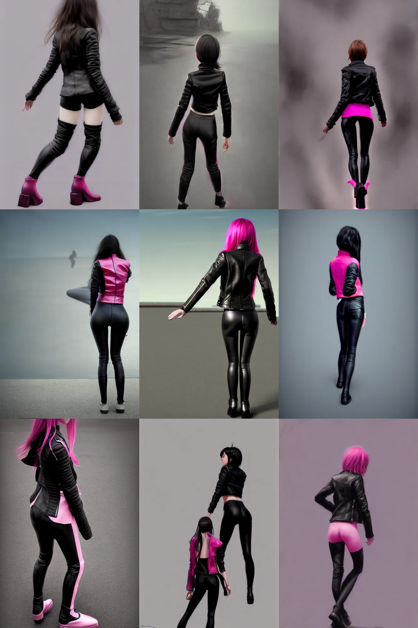 Prompt: Backview of Girl in jet black biker jacket, jet black leggins, pink shoes, matte painting, by Albert Aublet, Krenz Cushart, WLOP, Sakimichan