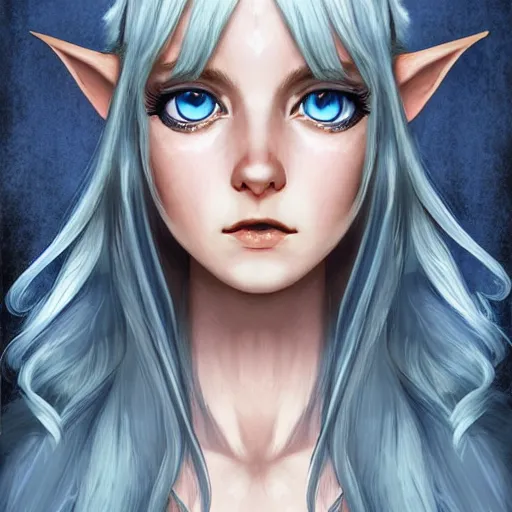 Prompt: portrait, 30 years old women :: fantasy elf, small ears :: bright blue eyes, long straight blonde hair, flower in hair :: attractive, symmetric face :: brown medieval cloting, natural materials :: high detail, digital art, RPG, concept art, illustration
