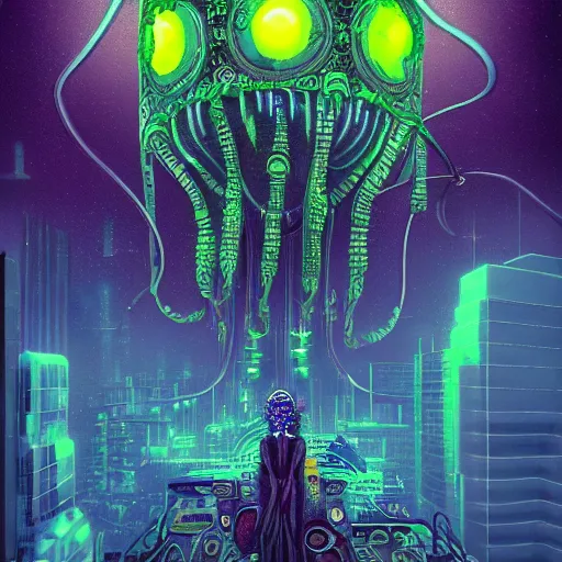 Image similar to a dark post psychedelic poster of Cosmic jellyfish in a cyberpunk city, neon eyeballs, highly detailed illustrated poster, by Daniel Merriam and Peter Mohrbacher, HD, octane render, 8K