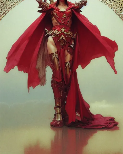 Image similar to A Full View of a Red Wizard wearing a robe and ornate armor. Mage. Magus. Jack of all trades. masterpiece 4k digital illustration by Ruan Jia and Mandy Jurgens and Artgerm and greg rutkowski and Alexander Tsaruk and WLOP and william-adolphe bouguereau, award winning, Artstation, art nouveau aesthetic, Alphonse Mucha background, intricate details, realistic, panoramic view, Hyperdetailed, 8k resolution, intricate art nouveau