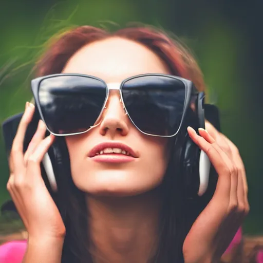 Prompt: beautiful girl with sunglasses listening music in the rain