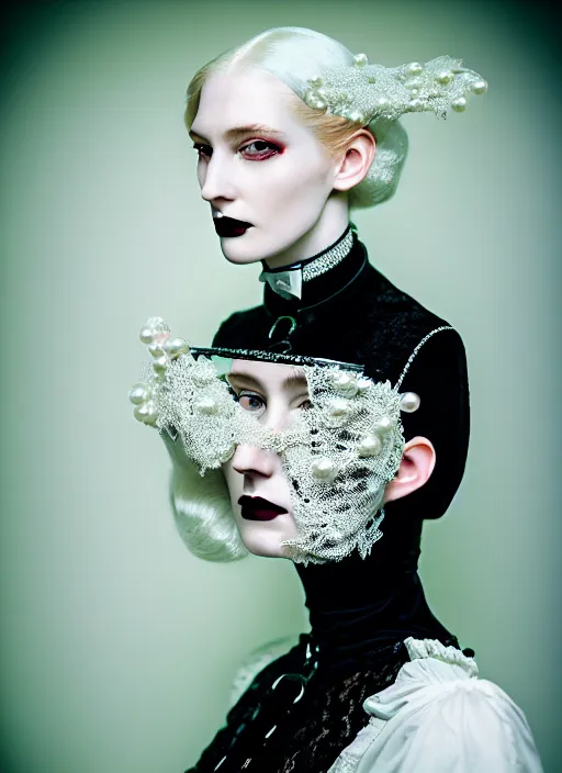 Prompt: kodak portra 4 0 0 photo portrait of a beautiful pale woman in style of tim walker, silver lace pearl steampunk biomechanic beautiful, big monocular, 1 5 0 mm, f 1. 2, volumetric light, coloured gel studio light, gothic fashion intricate pearl embroidered collar, unreal engine 5, 8 k