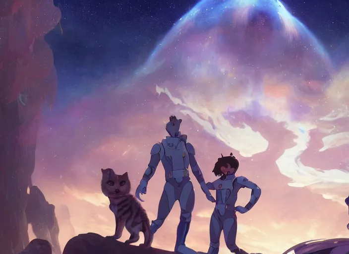 Image similar to a space handsome gay guys and their 1 0 pet space cats staring role in a musical sci - fi space opera ghibli animated film, volumetric lighting, octane render by stanley artgerm lau, greg rutkowski, thomas kindkade, alphonse mucha, loish, norman rockwel, 8 k greg rutkowski