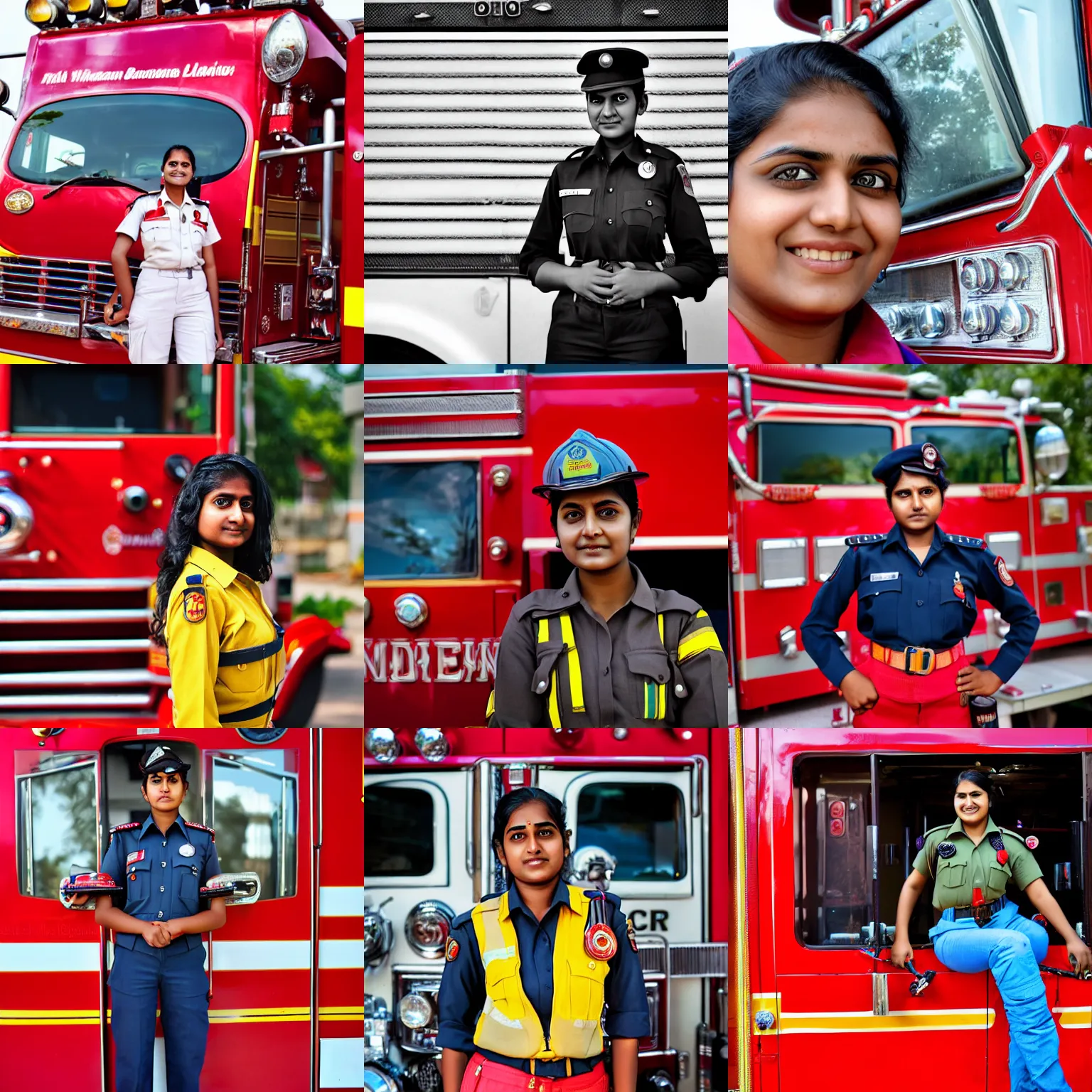 Prompt: A young Indian woman firefighter in uniform, posing outside her fire truck, portrait photo