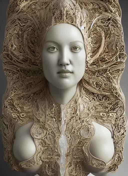 Image similar to opalescent marble sculpture of beautiful woman, glistening, mandelbulb, hypercube, ivory carving, fractal paisley inlay, lace, intricate, gold inlay, metallic, elegant, highly detailed, ivory, artgerm, lace, by ruan jia and greg rutkowski