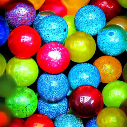Prompt: Translucent multicolored spheres, reflections, cracks, hd photograph