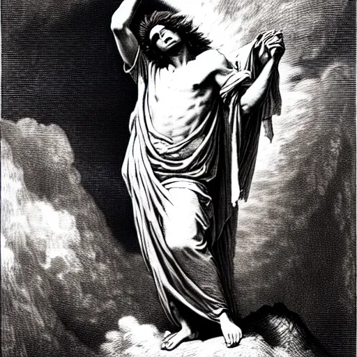 Image similar to lucki rapper ascending into heaven holding stacks of cash, biblical image, style of gustave dore, highly detailed, beautiful, high contrast, black and white