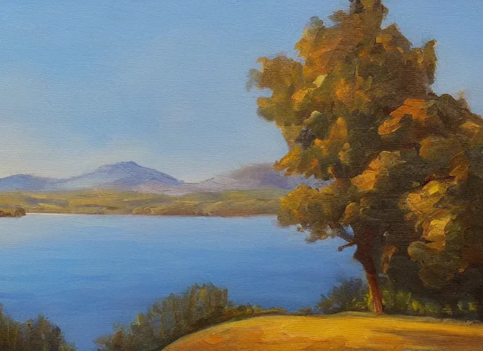 Prompt: yacht at a lake near the shore with tree hills, oil painting, detailed