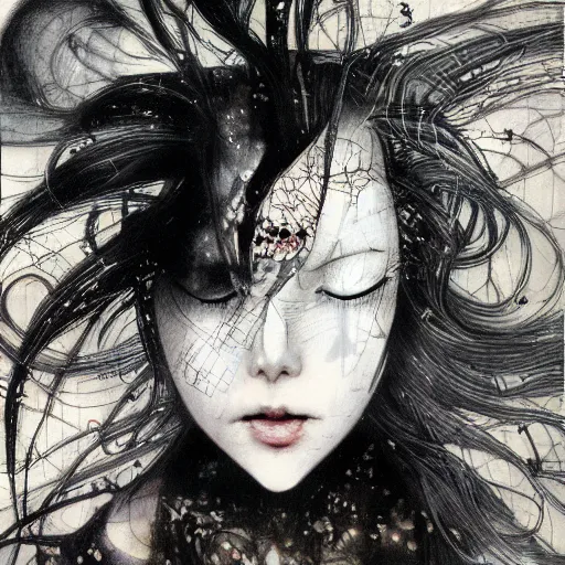 Prompt: Yoshitaka Amano realistic illustration of an anime girl with wavy white hair and cracks on her face wearing dress suit, abstract black and white patterns on the background, noisy film grain effect, highly detailed, Renaissance oil painting, weird camera angle
