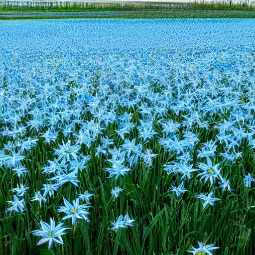 Image similar to field of light blue lilys, minimalistic art