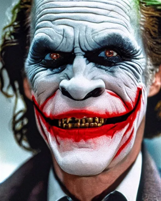 Prompt: a movie still of Batman starring Willem Dafoe as the Joker smiling, 8k, Technicolor, telephoto lens, detailed skin, detailed realistic eyes, medium shot, mid-shot