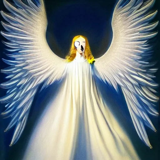 Image similar to highdetailed hyperrealistic painting of white angel!!! no gender smiling noface!!!, light instead of hands, white sparkles everywhere, 4 k hd face!!!, big silver high detailed wings!!!, renaissance, by jan van eyck, holography space, glow effect, large strokes, monochrome!!!!!