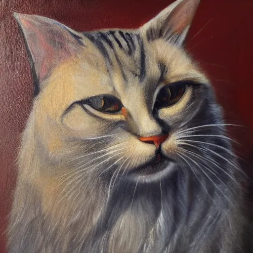 Prompt: oil in canvas of an old king cat