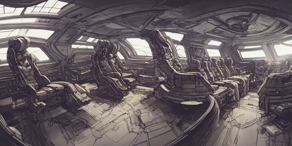 Image similar to Renaissance spaceship interior, kim jung gi style, Greg Rutkowski, Zabrocki, Karlkka, Jayison Devadas, trending on Artstation, 8K, ultra wide angle, zenith view, pincushion lens effect