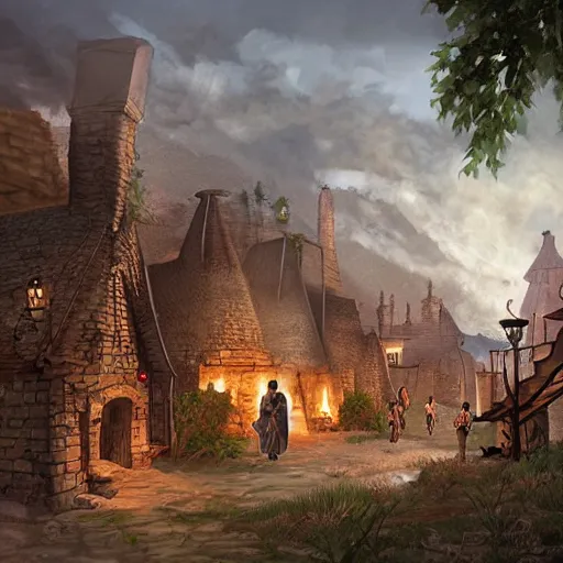 Image similar to medieval township with various workers performing different crafts, homes blacksmiths and smoked chimneys, epic, cinematic, high quality digital art, fantasy