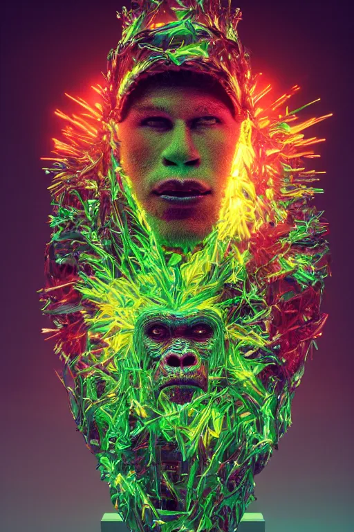 Image similar to hyper detailed ultra sharp portrait of baroque and bladerunner delicate neon ruby sculpture of seductive muscular nick jonas gorilla green radioactive humanoid deity wearing metallic hoody made out of leaves holding the sun prismatic dungeon, glowing rainbow face, crown of white diamonds, cinematic lighting, photorealistic, octane render 8 k depth of field 3 d