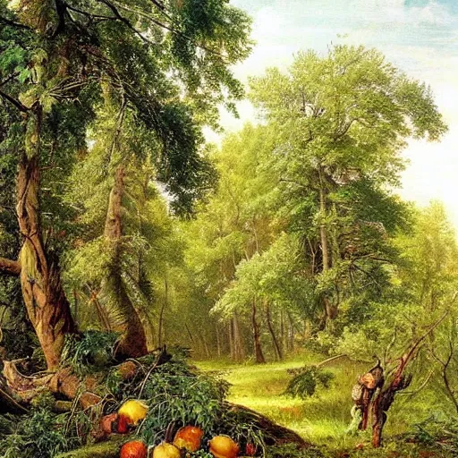 Image similar to forest full of fruits, epic beautiful detailed painting by ivan shishkin