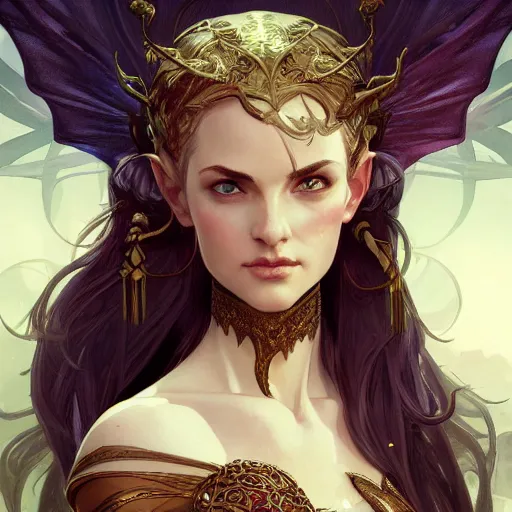 Image similar to full portrait of a beautiful high elf , D&D, fantasy, intricate, cinematic lighting, highly detailed, digital painting, artstation, concept art, smooth, sharp focus, illustration, art by Terry Moore and Greg Rutkowski and Alphonse Mucha