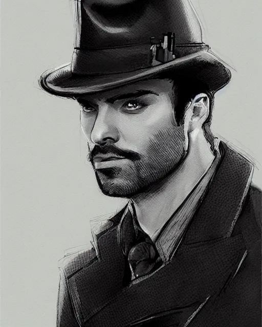 Image similar to portrait of a detective, zoomed in, noir, fedora, tweed coat, confident, handsome, heavy shading, vintage, high quality, by artgerm, artstation, ( ( ( by ilya repin ) ) )