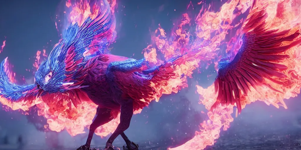 Image similar to pink and blue flaming phoenix, unreal engine 5, intricate, detailed, realistic