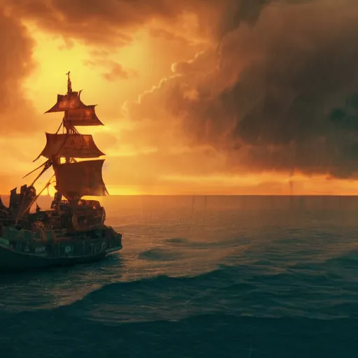 Image similar to portrait of a ship on the sea, close over the shoulder on the ship is a medieval woman ship pilot from behind , dramatic golden neon sunset with wall of storm clouds, wearing shiny breastplate, octane render, dynamic lighting, hyperrealistic, artstation