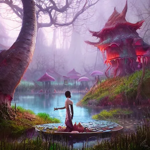 Prompt: portrait of a horrifying beautiful , colorful hyper realistic godlike fairy slaughtering pond animals , detailed mushroom village in the background , Greg rutkowski legendary matte painting, post-processing, fantasy , masterpiece , art style of junji ito , vibrant colors