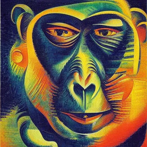 Prompt: cubo - futurism art portrait of an ape monkey by umberto boccioni, futuristic very abstract style painting, futurism art movement