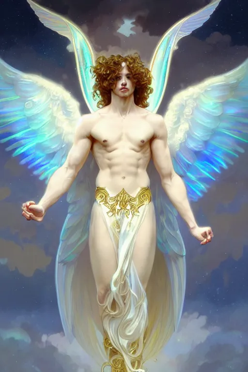 Prompt: fullbody portrait of a beautiful young fit male angel with curly blond hairs, dressed with long fluent clothes, majestic symmetrical big wings, luminous halo, by greg rutkowski and alphonse mucha, gradient white to gold, in front of an iridescent background, highly detailed portrait, digital painting, artstation, concept art, smooth, sharp focus illustration