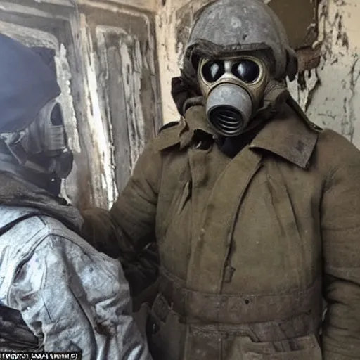 Image similar to russian soldier in gas masks found the last alive ukrainian after a nuclear war, skin damaged by, nuclear fallout everywhere