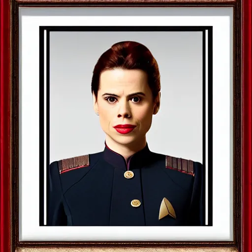 Prompt: a beautiful full body photograph of hayley atwell as a star fleet officer from star trek next generation, full dress uniform, symmetrical face, extreme realism and detail, 8 k, completely framed, direct lighting, 3 5 mm photo, photorealistic, sharp focus