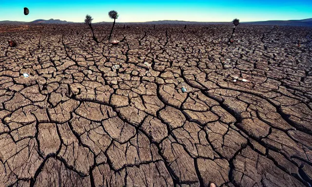 Prompt: beautiful panorama of many magnificent big upside-down raindrops in a perfect cloudless blue sky above a dried up river, desolate land, dead trees, blue sky, hot and sunny highly-detailed, elegant, dramatic lighting, artstation, 4k, cinematic landscape, masterpiece photograph by National Geographic