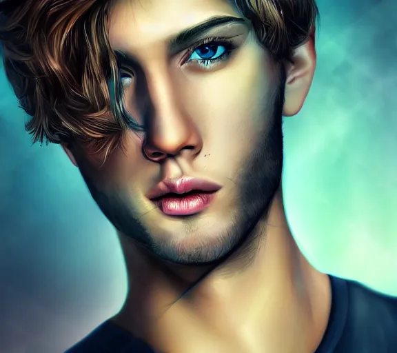 Image similar to extremely beautiful young man with hyperealistic eyes, digital art, vivid background, seductive.