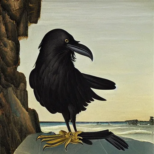 Image similar to high quality oil painting by botticelli, a raven bird standing on a seashell