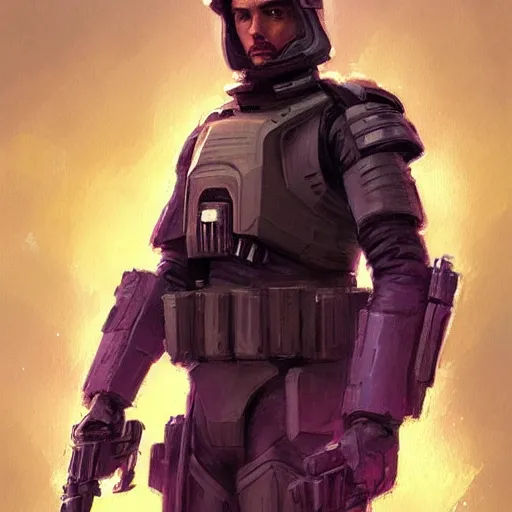Image similar to portrait of a man by greg rutkowski, a soldier of the galactic dominion, wearing a purple colored tactical gear, star wars expanded universe, highly detailed portrait, digital painting, artstation, concept art, smooth, sharp foccus ilustration, artstation hq
