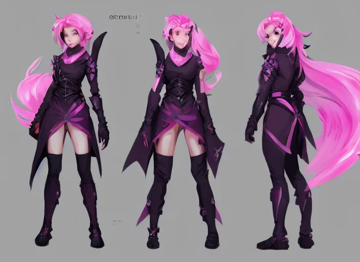 Prompt: character sheet for a beautiful and cute girl for genshin impact by greg rutkowski, black to light pink fade hair, genshin impact style, overwatch style, sorcerer magic witch, longsword, digital art, trending on artstation, hd, 8 k, highly detailed, good lighting, beautiful, masterpiece