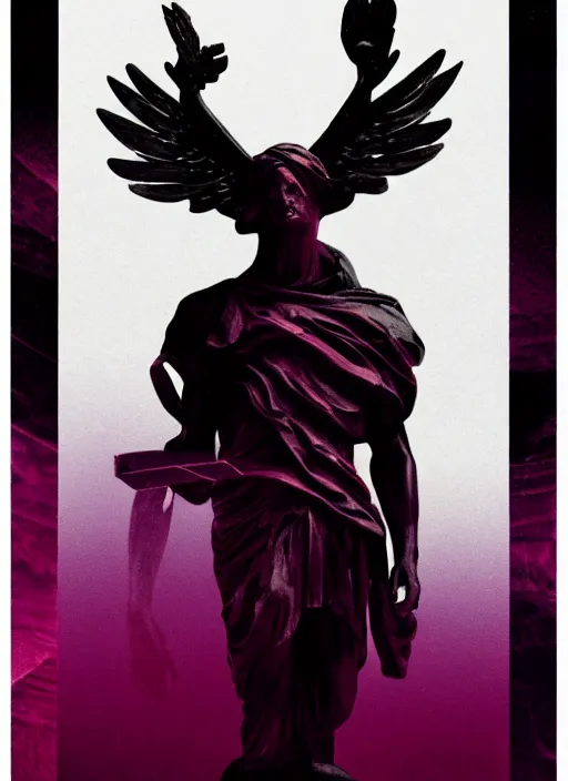 Prompt: elegant dark design poster showing a greco roman statue, black background with very subtle red and purple design elements, powerful, nekro, vito acconci, thin straight purple lines, dark, glitch art, neo vaporwave, gritty, layout frame, square, trending on artstation
