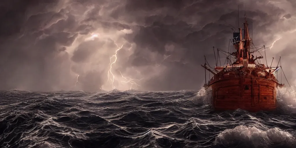 Image similar to a wooden big ship in the middle of the sea during a storm, turbulent sea, high coherence, highly detailed, high quality, 8 k, dramatic lighting, cinematic, epic scene, path traced, hyperrealistic, concept art, octane render, unreal engine 5, trending on artstation, a red cross in the ship flag, high contrast