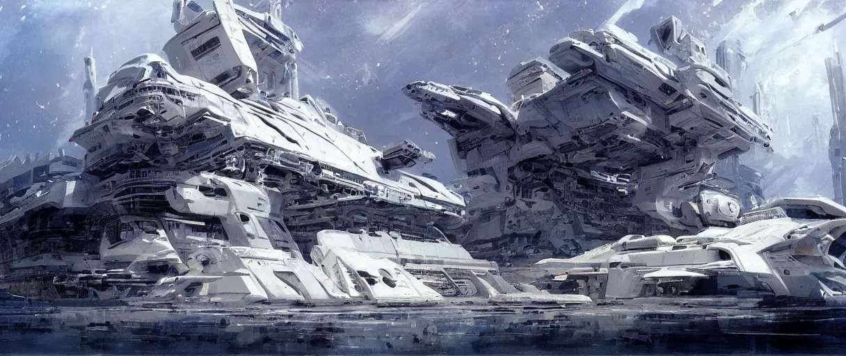 Image similar to huge white spaceship with superstructure deck, by john berkey, detailed sci fi digital matte painting concept art, unreal