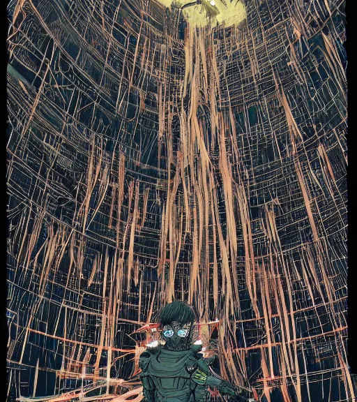 Image similar to colored manga, by tsutomu nihei, tarkovsky, majestic ancient tower of babylon of terror, a woman in cyber clothing, hyperrealistic, blame manga, full color, cyber architecture, intricate, illustration, kilian eng, concept art, hyper - detailed, smooth, masterpiece, epic, cinematic, high quality