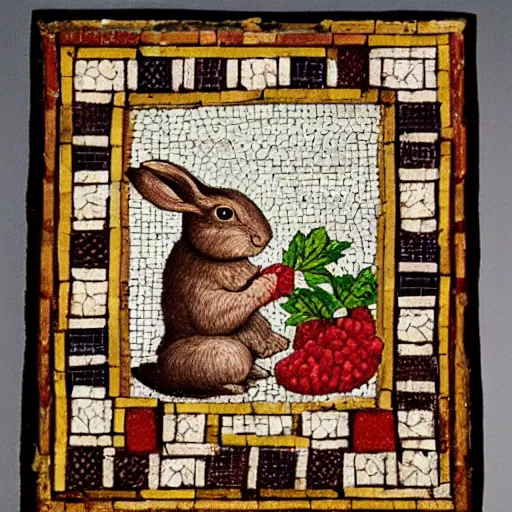 Image similar to a rabbit eating raspberries in the style of ancient mosaic