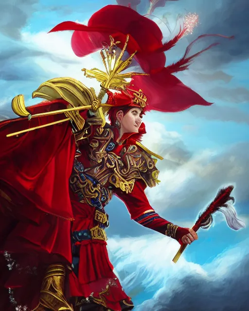 Image similar to A Full View of a Red Mage wearing red white and gold striped magical shining armor and a feathered hat holding a staff of power with a gemstone topper surrounded by an epic cloudscape. Magus. Red Wizard. Magimaster. Conquistador armor. Red and white striped cape. masterpiece. 4k digital illustration. by Ruan Jia and Mandy Jurgens and Artgerm and greg rutkowski and and Andreas Rocha and William-Adolphe Bouguereau and Edmund Blair Leighton, award winning, Artstation, art nouveau aesthetic, Alphonse Mucha background, intricate details, realistic, panoramic view, Hyperdetailed, 8k resolution, intricate art nouveau