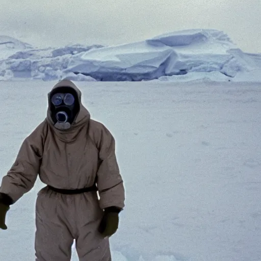 Image similar to a man wearing a hazmat suit and gasmask, in antarctica, film still, arriflex 3 5