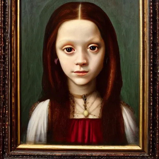 Image similar to Renaissance oil painting portrait of a pretty creepy girl, dark hair