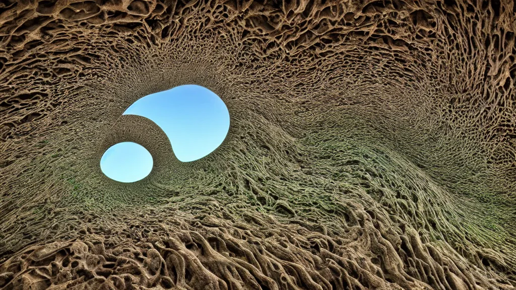 Image similar to hyperrealistic landscape dlsr photo of surrealistic spiral cave, fractal landscape photography