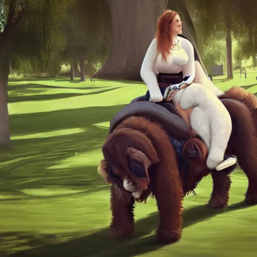 Image similar to girl riding giant saint Bernard in the park, trending on artstation