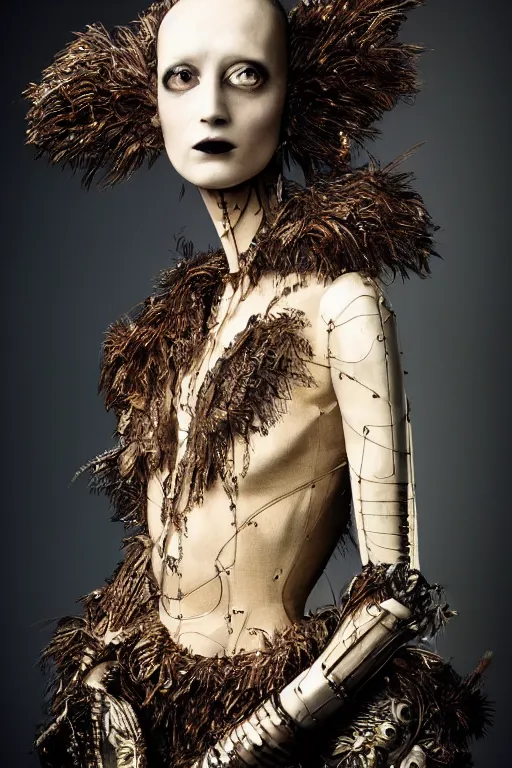 Prompt: photography portrait by paolo roversi of a actress robot smoking wearing a ornate costume with feathers by iris van herpen, highly detailed, artstation, smooth, sharp foccus, artstation hq, skin grain detail, high detail, creativity in fashion design